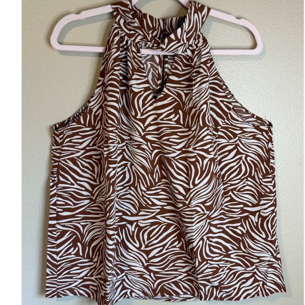 Umgee Woman's Brown White Zebra Print Halter Neck Keyhole Blouse Top L - NWT